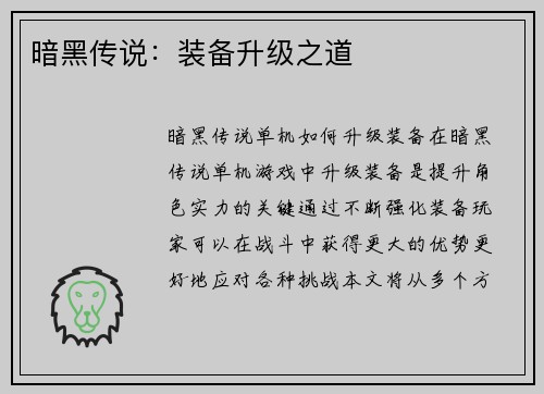 暗黑传说：装备升级之道